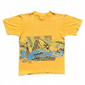 Vintage 80s Hot Sessions Surfing AOP T Shirt Yellow Blue Single Stitch Baby Tee
